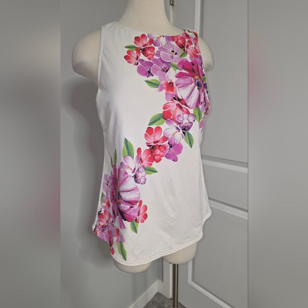 Lands' End White One-Piece with Pink and Purple Floral Design